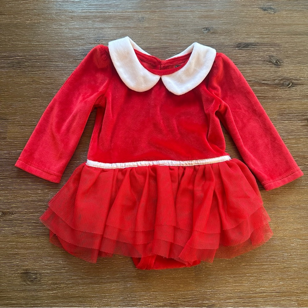 3/20$ Baby “velvet/velour” red Christmas bodysuit dress tulle skirt size 3-6M